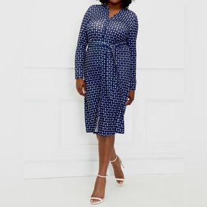 Eloquii Blue and Cream Diamond Print Long Sleeve Midi Dress